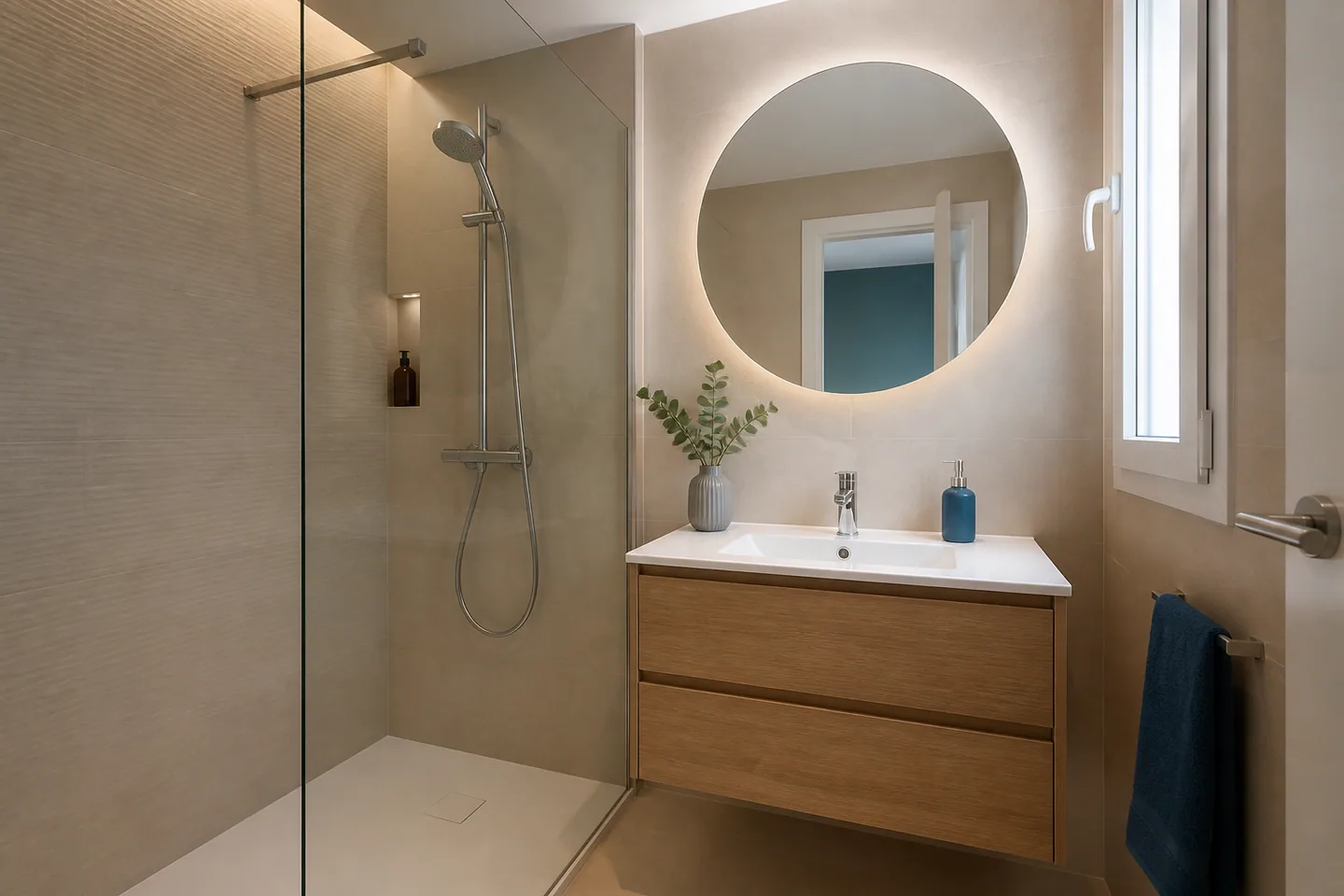 Baño reformado con ducha, mampara de vidrio y mueble suspendido