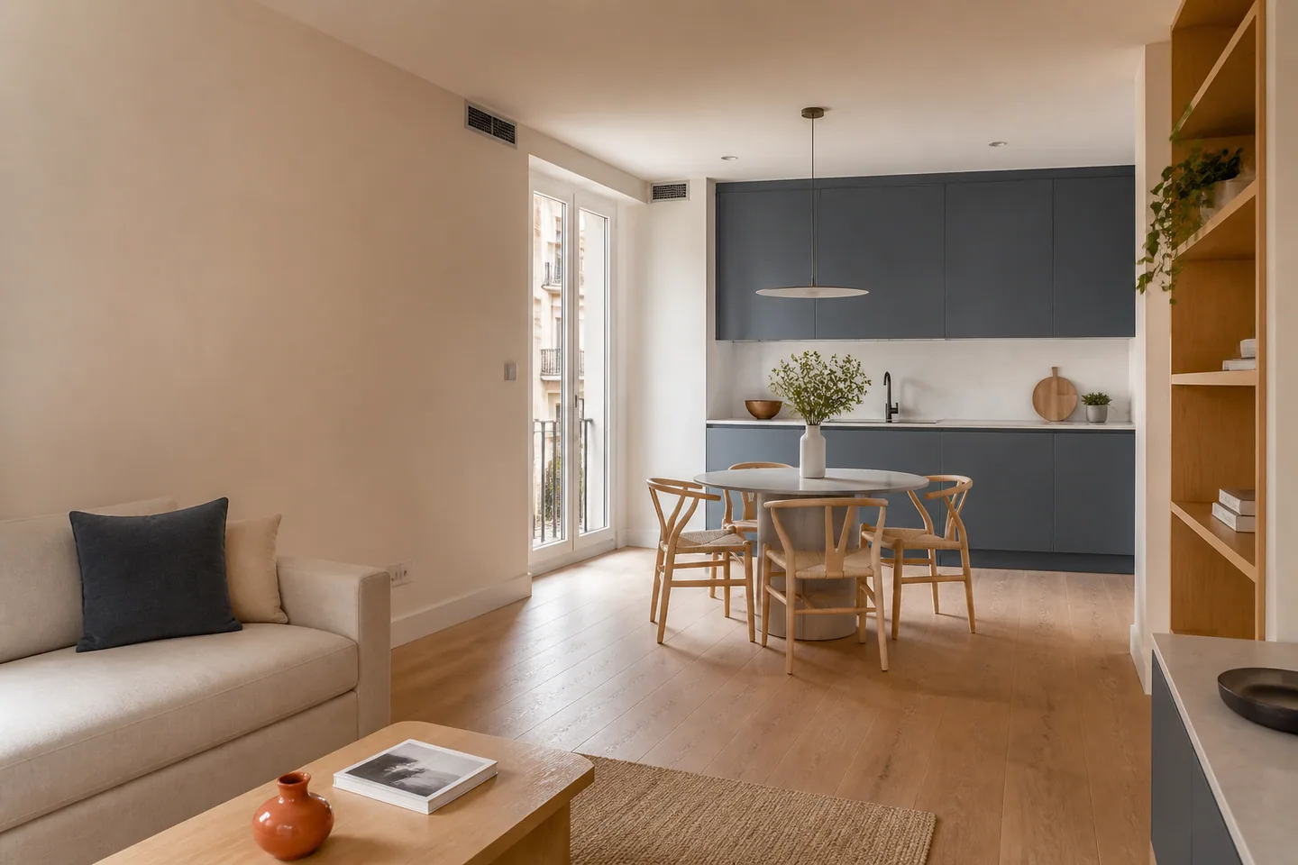 Salón y cocina abierta de un piso reformado en Madrid